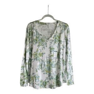 Blue Sol Womens XL T-Shirt Top L/S Floral Stretch V-Neck White